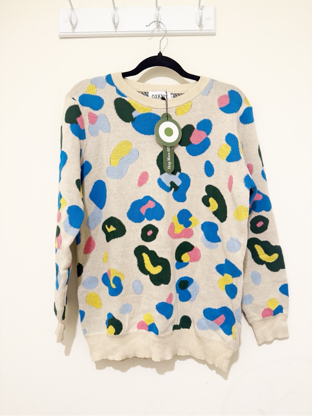 Crewneck Sweater with Multicolor Abstract Spots - Cream